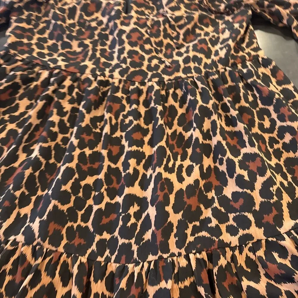 J Crew Leopard Print Dress tie neck tiered in crinkle chiffon pullover Sz Medium